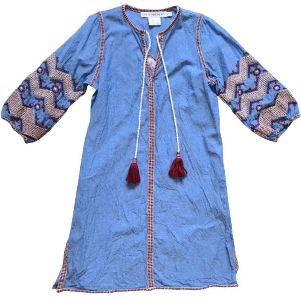 Gretchen Scott Odessa Shift Dress Embroidered Tassel Tie Elbow Sleeve Size S